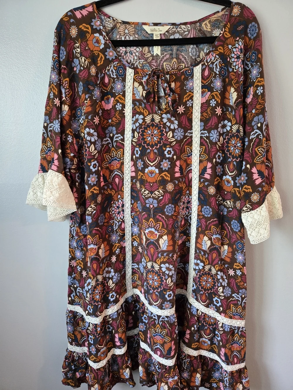 Matilda Jane Floral Lace Trim Tunic Dress Brown Multi Color Boho Whimsical XXL - Picture 3 of 6